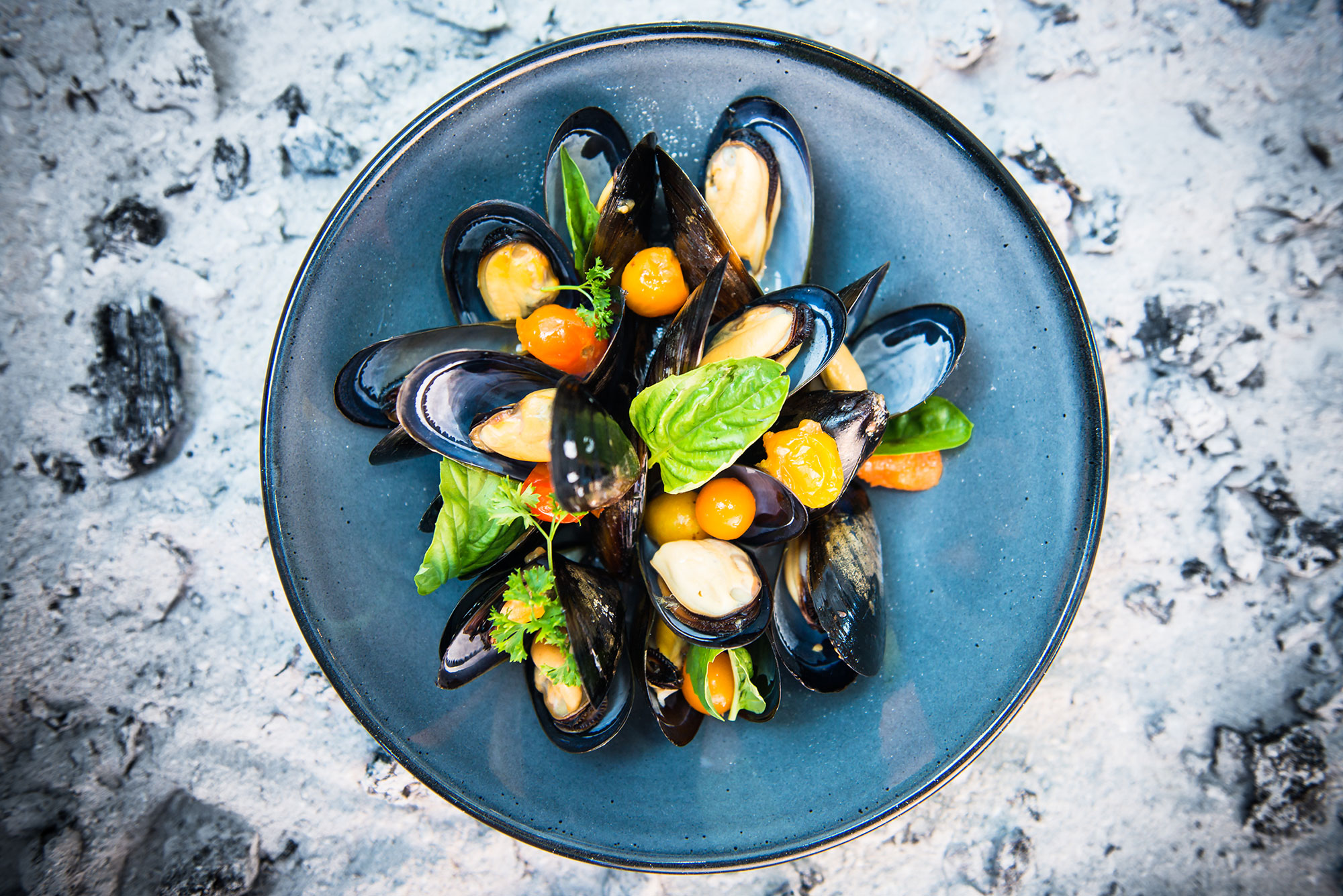 Close up of beautifully plated mussels.